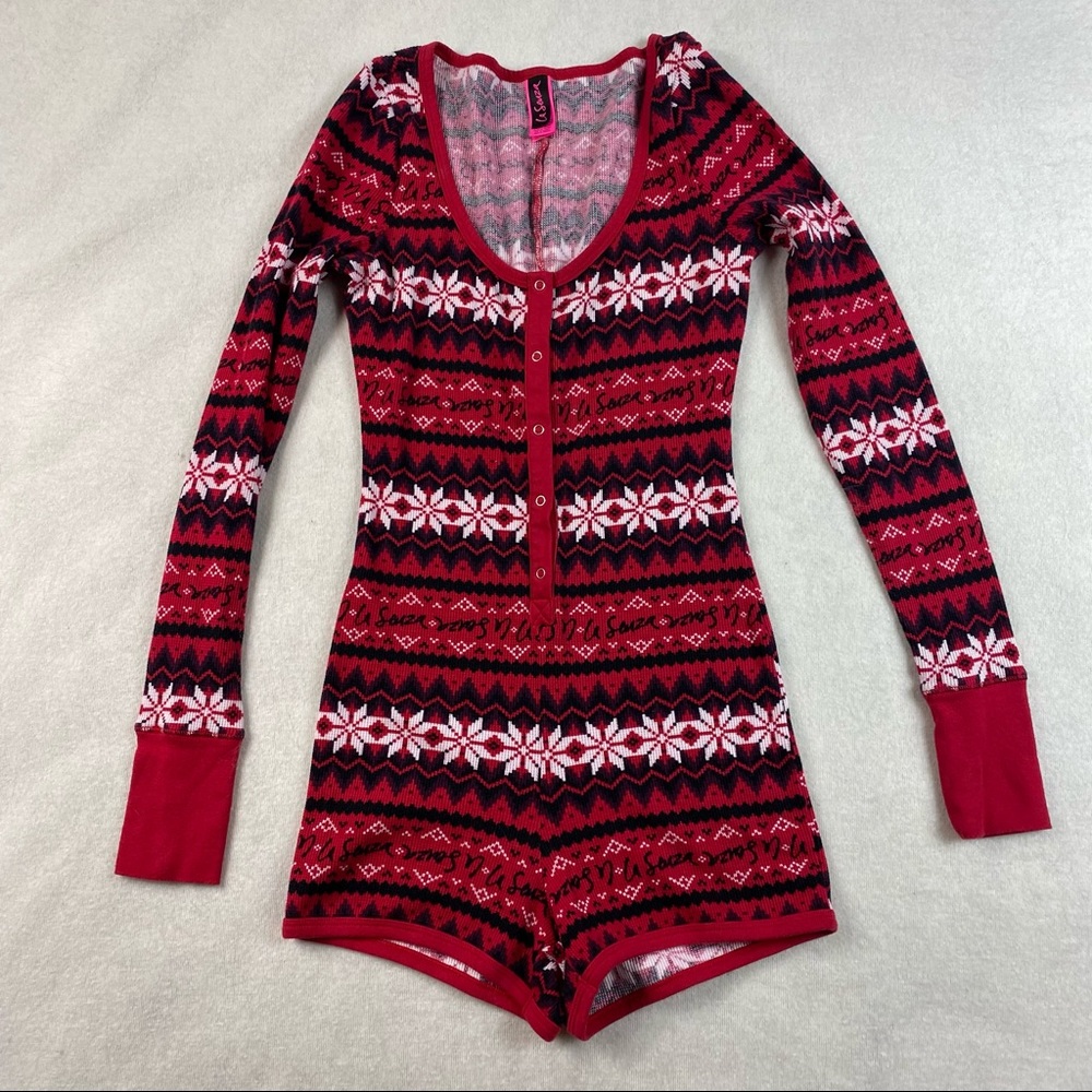 La Senza Womens Fair Isle Waffle Knit Romper Pajamas Size S Red Shorts Nordic - Picture 1 of 7
